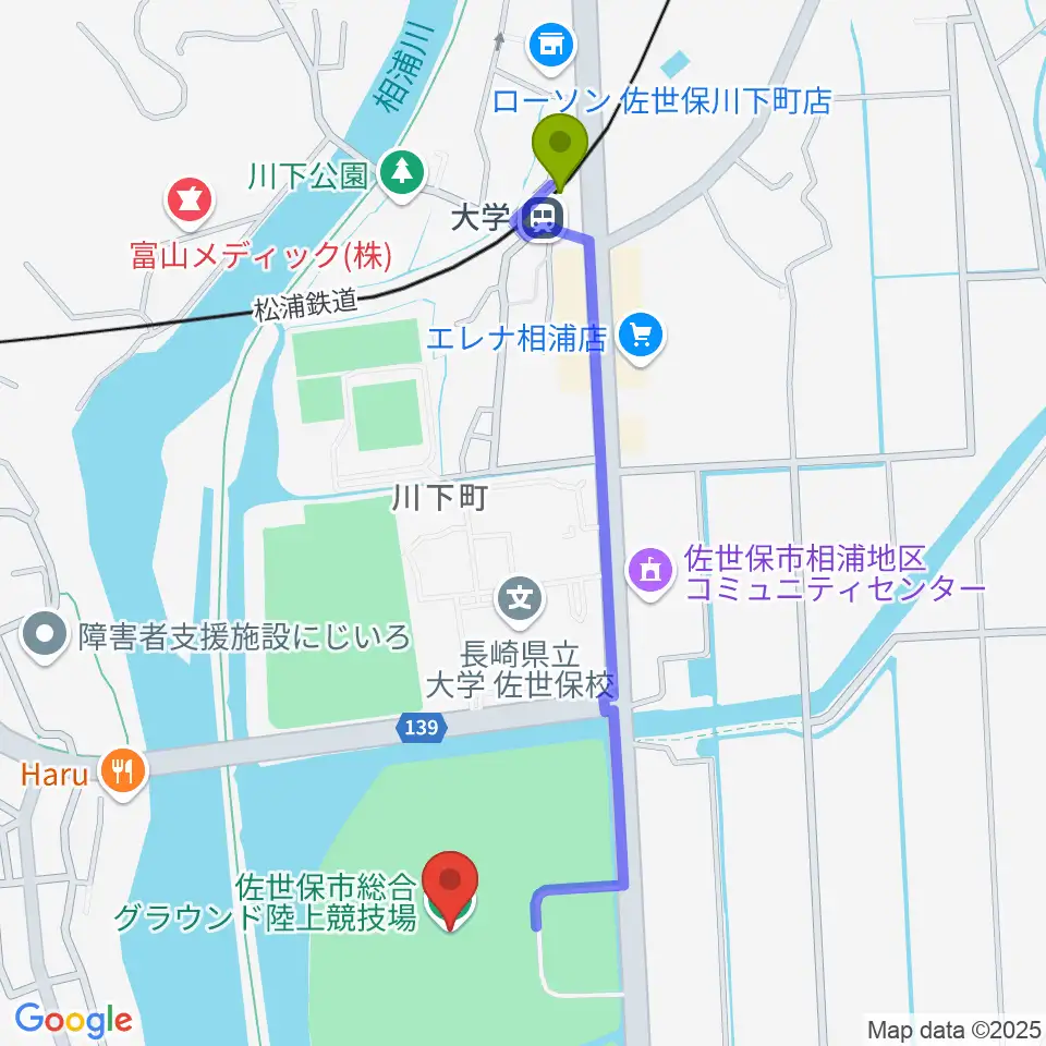 佐世保市総合グラウンド陸上競技場の最寄駅大学駅からの徒歩ルート（約11分）地図