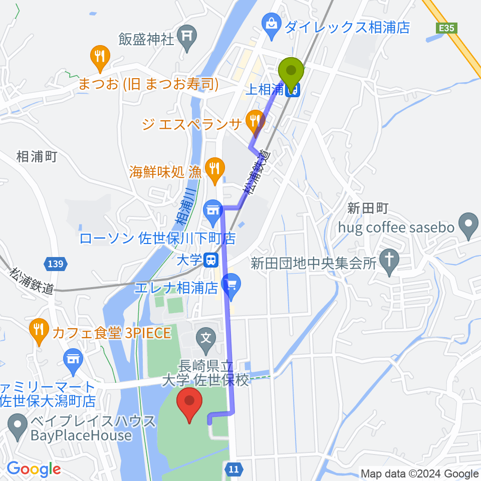 上相浦駅から佐世保市総合グラウンド陸上競技場へのルートマップ地図