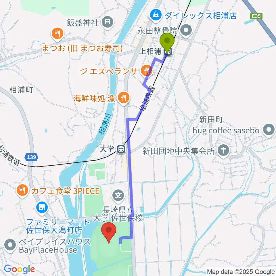 上相浦駅から佐世保市総合グラウンド陸上競技場へのルートマップ地図