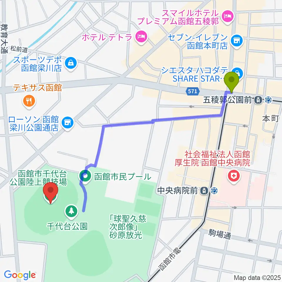 五稜郭公園前駅から千代台公園陸上競技場へのルートマップ地図