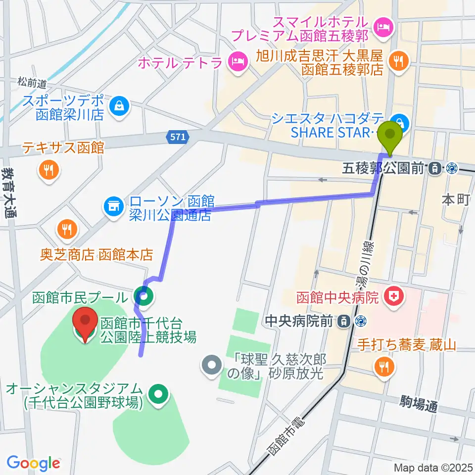 五稜郭公園前駅から千代台公園陸上競技場へのルートマップ地図