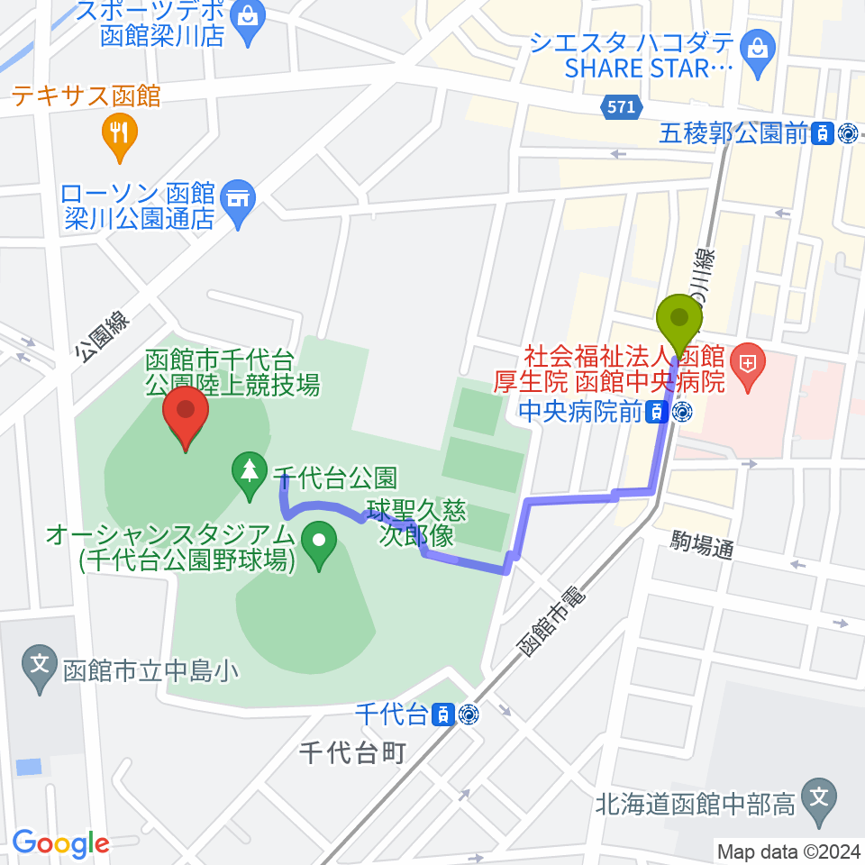 中央病院前駅から千代台公園陸上競技場へのルートマップ地図