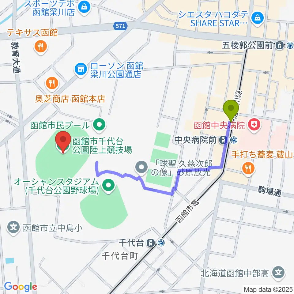 中央病院前駅から千代台公園陸上競技場へのルートマップ地図