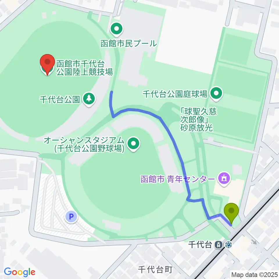 千代台公園陸上競技場の最寄駅千代台駅からの徒歩ルート（約6分）地図