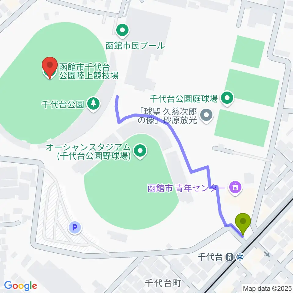 千代台公園陸上競技場の最寄駅千代台駅からの徒歩ルート（約6分）地図