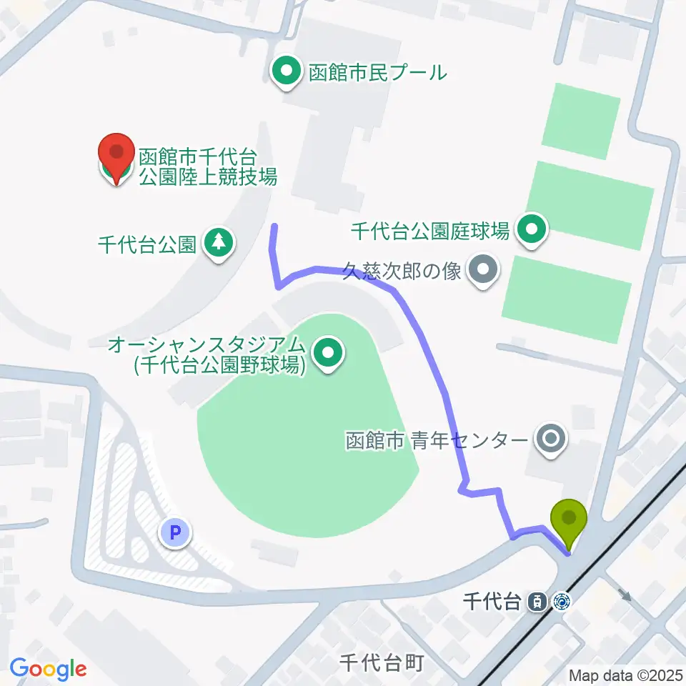 Hakodate Dock Sports Gardenの最寄駅千代台駅からの徒歩ルート（約6分）地図