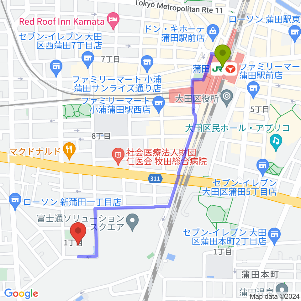 カムカム新蒲田の最寄駅蒲田駅からの徒歩ルート（約12分）地図