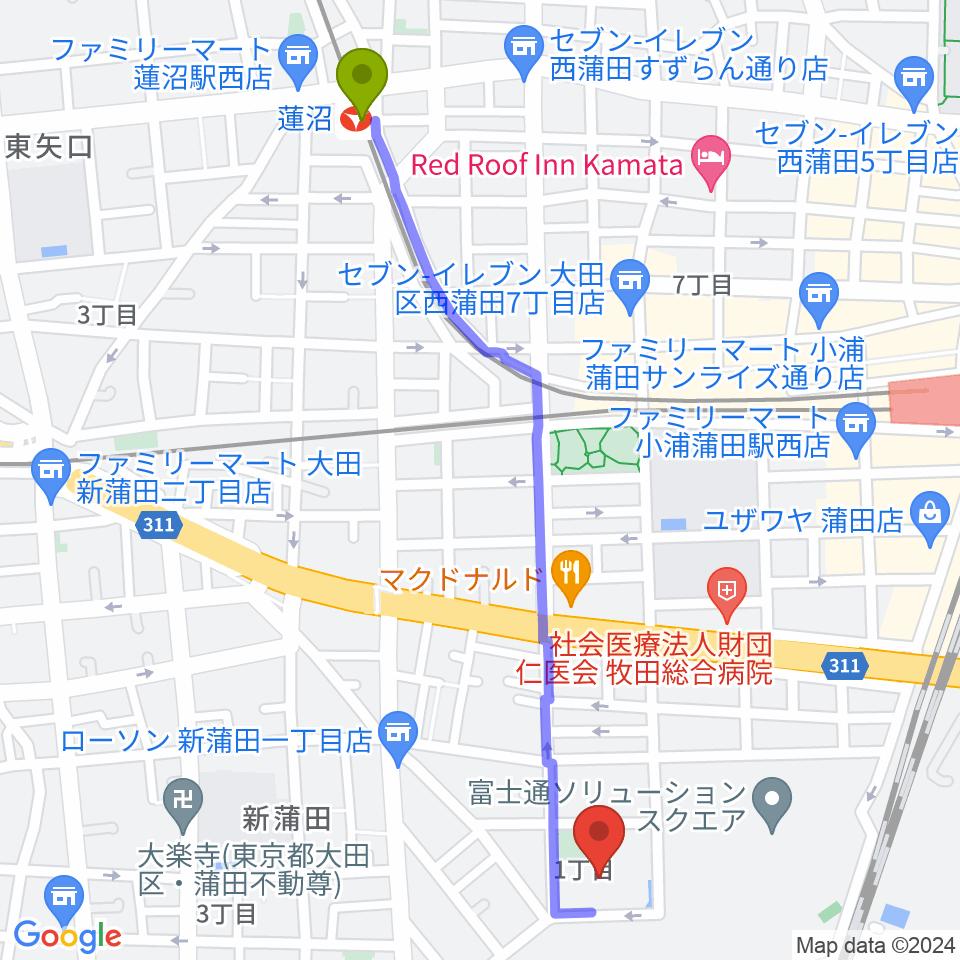 蓮沼駅からカムカム新蒲田へのルートマップ地図