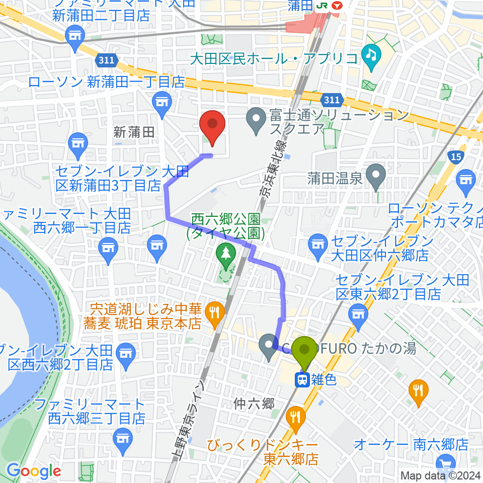 雑色駅からカムカム新蒲田へのルートマップ地図