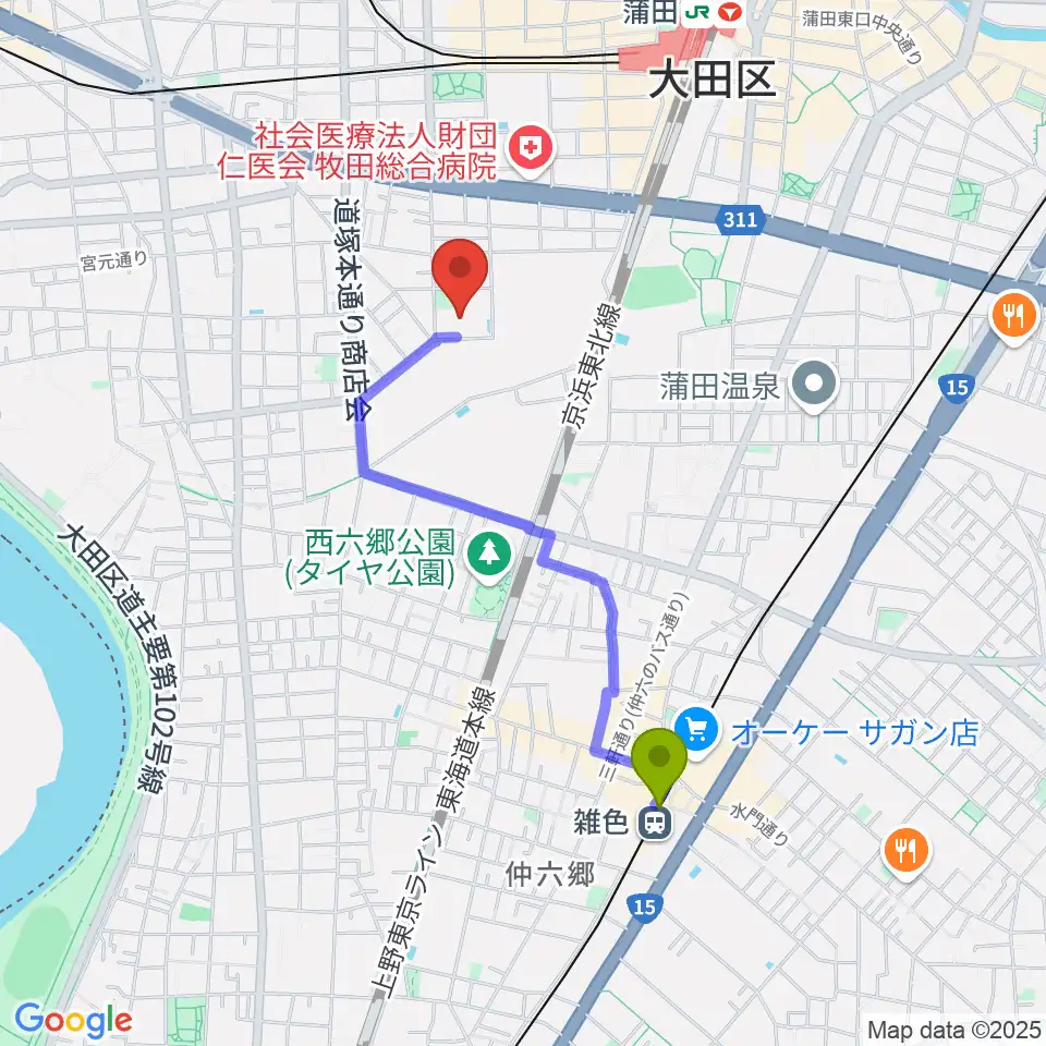雑色駅からカムカム新蒲田へのルートマップ地図