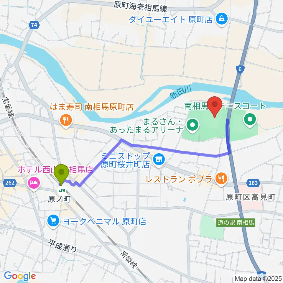 まるさん・あったまるスタジアムの最寄駅原ノ町駅からの徒歩ルート（約18分）地図