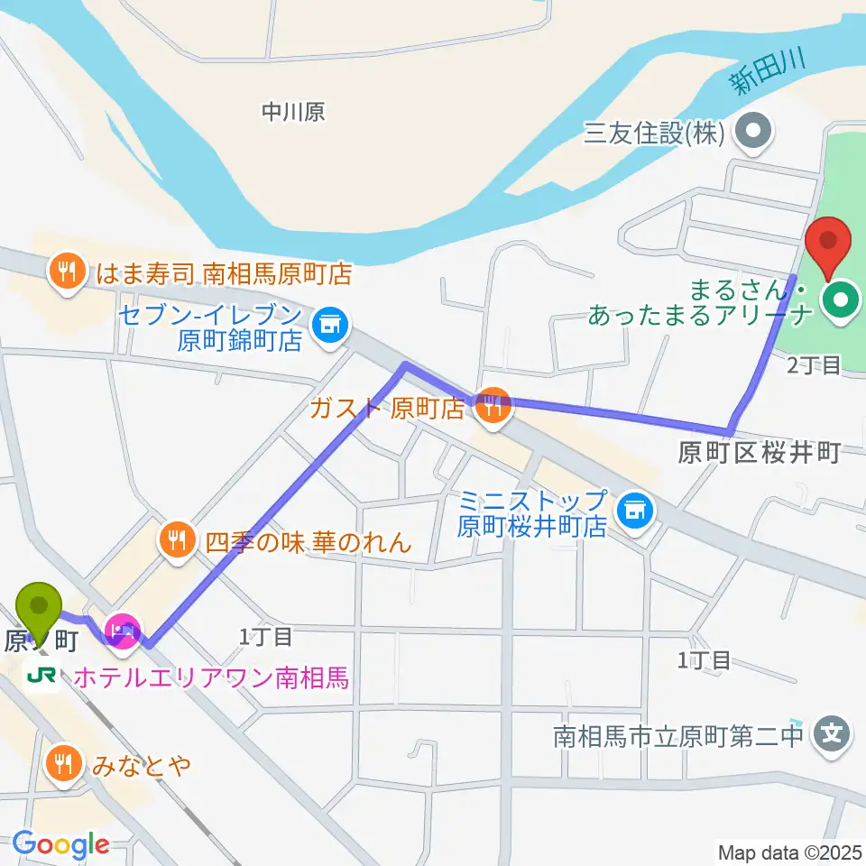 まるさん・あったまるアリーナの最寄駅原ノ町駅からの徒歩ルート（約15分）地図