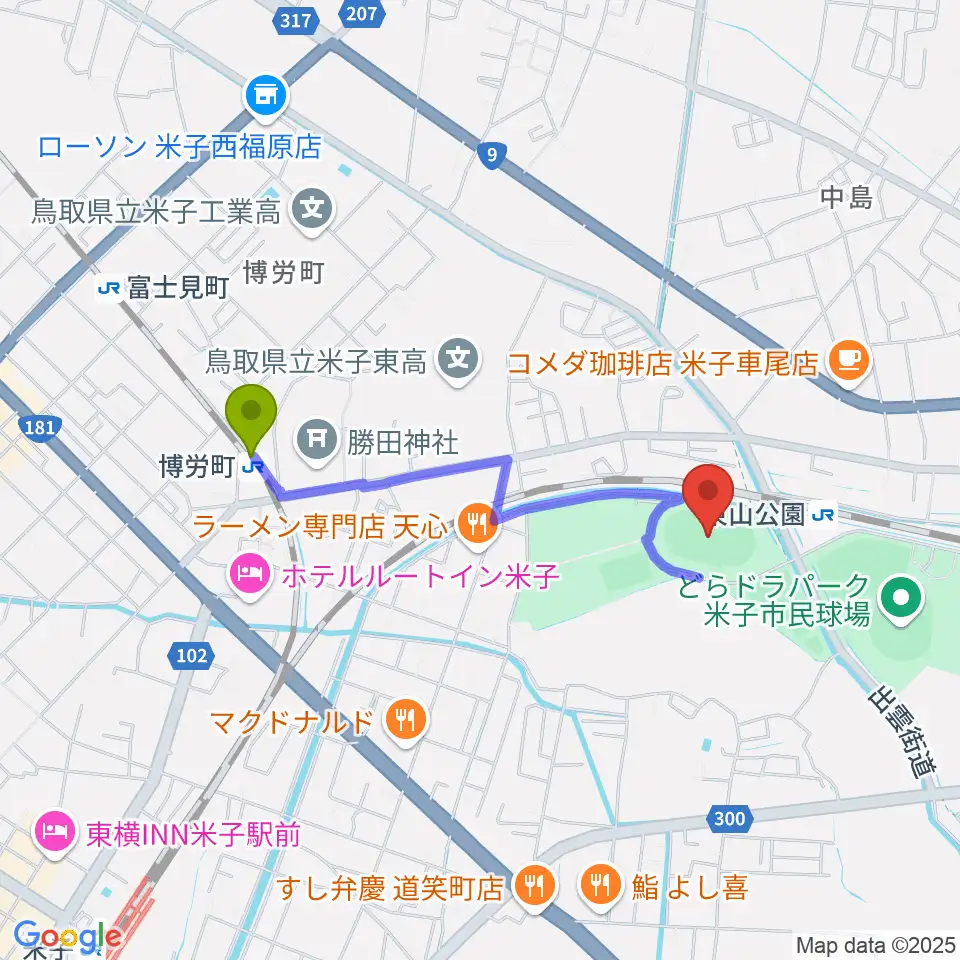 博労町駅からどらドラパーク米子陸上競技場へのルートマップ地図