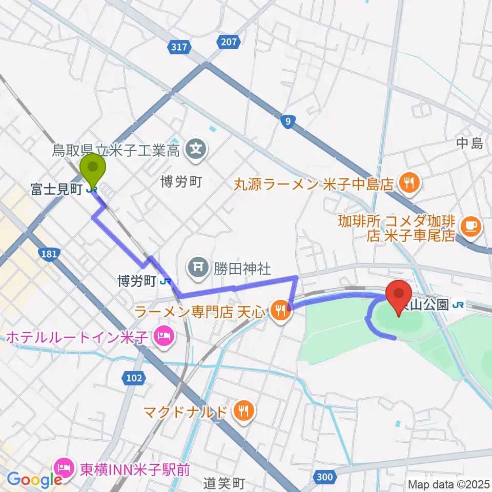 富士見町駅からどらドラパーク米子陸上競技場へのルートマップ地図