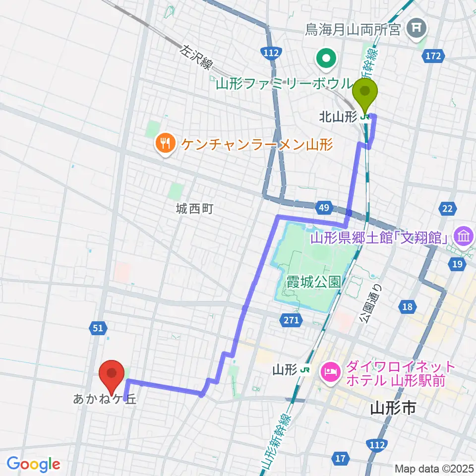 北山形駅からネッツえがおフィールドへのルートマップ地図