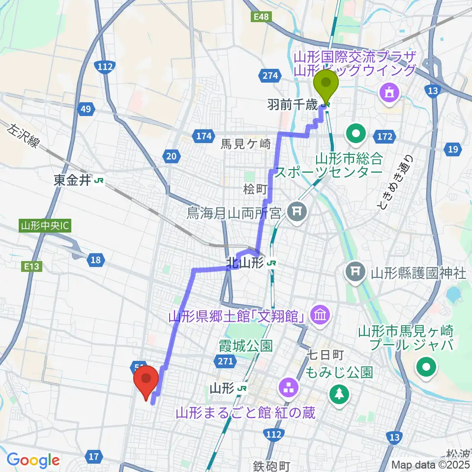 羽前千歳駅からネッツえがおフィールドへのルートマップ地図