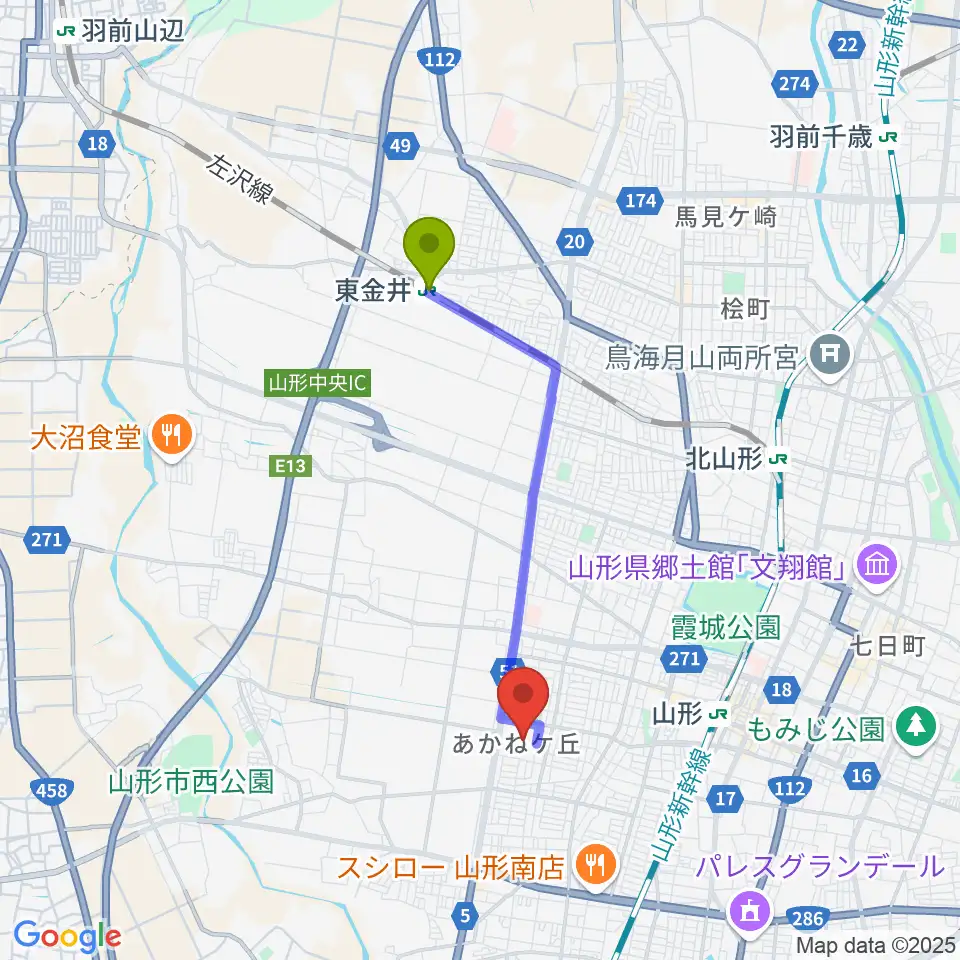 東金井駅からネッツえがおフィールドへのルートマップ地図