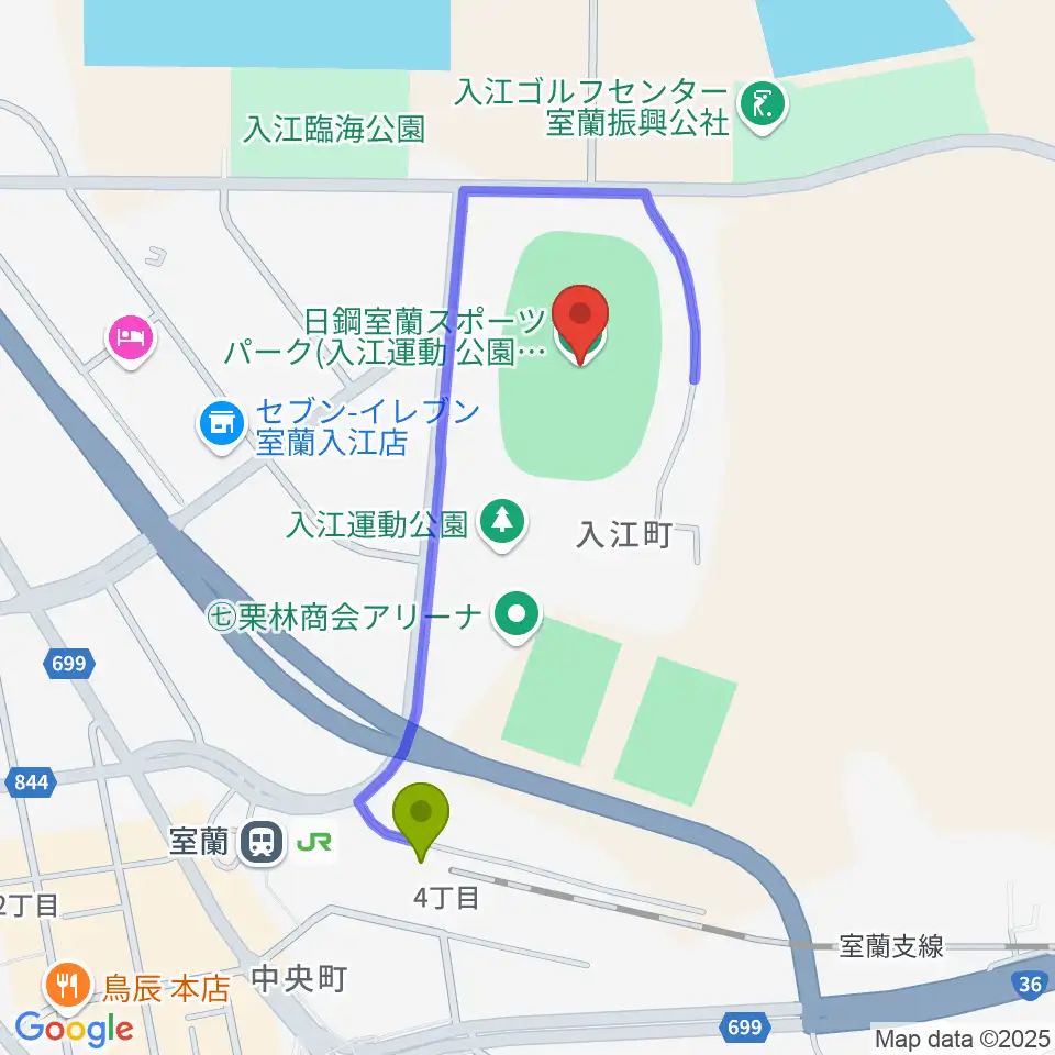 日鋼室蘭スポーツパークの最寄駅室蘭駅からの徒歩ルート（約7分）地図