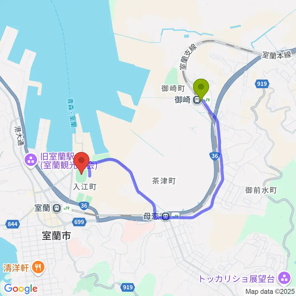 御崎駅から日鋼室蘭スポーツパークへのルートマップ地図
