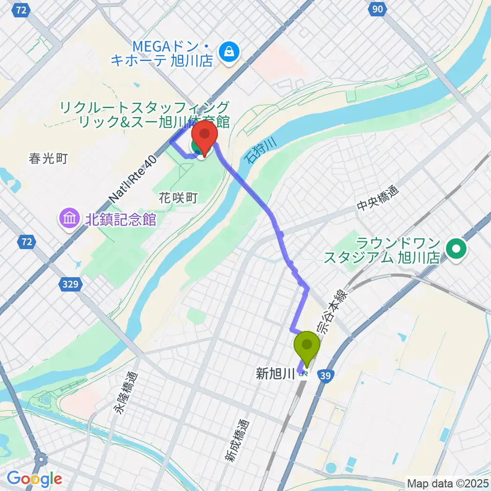 旭川市リアルター夢りんご体育館の最寄駅新旭川駅からの徒歩ルート（約26分） MDATA