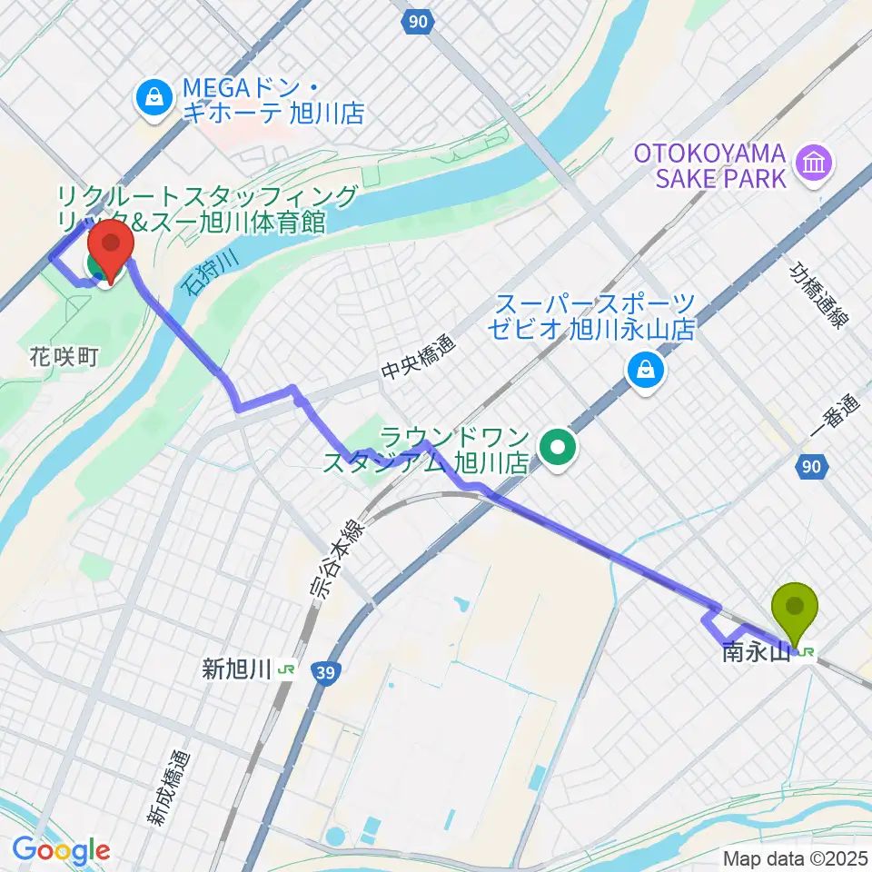 南永山駅からリクルートスタッフィング リック＆スー旭川体育館へのルートマップ地図