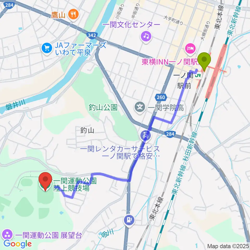 一関運動公園陸上競技場の最寄駅一ノ関駅からの徒歩ルート（約24分）地図