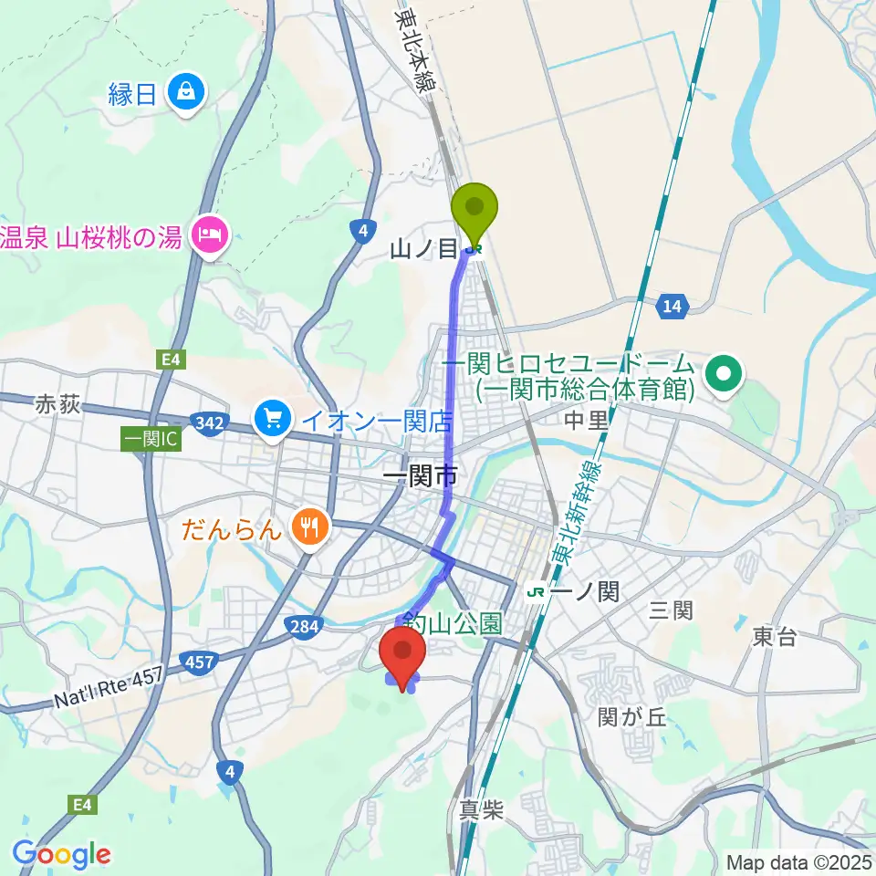 山ノ目駅から一関運動公園陸上競技場へのルートマップ地図