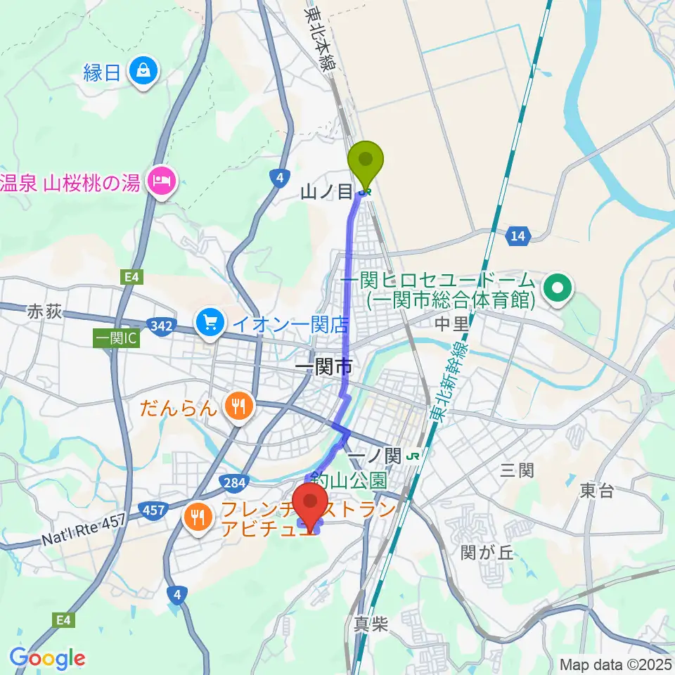 山ノ目駅からMUCCいちのせき陸上競技場へのルートマップ地図
