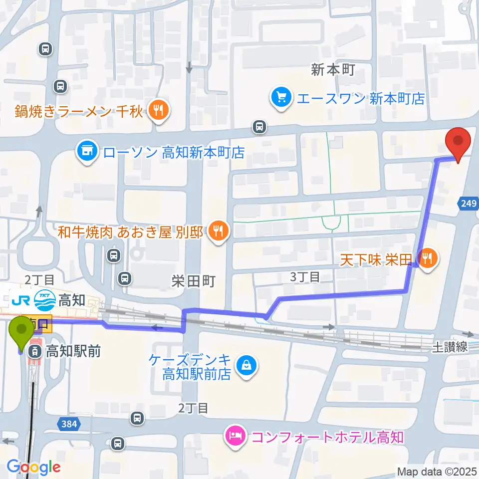 プレイヤーズラボの最寄駅高知駅からの徒歩ルート（約8分）地図