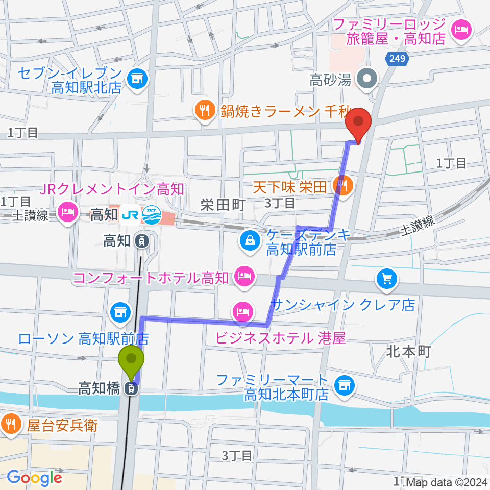 高知橋駅からプレイヤーズラボへのルートマップ地図