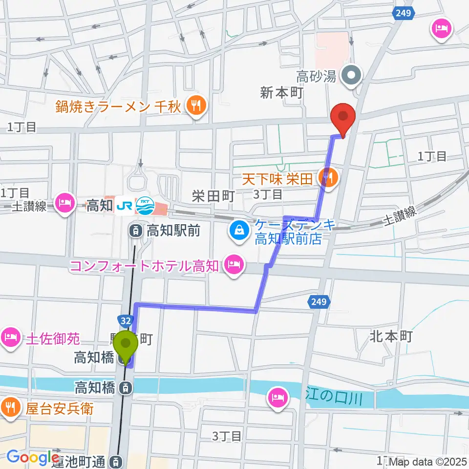 高知橋駅からプレイヤーズラボへのルートマップ地図