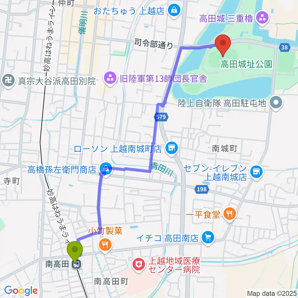 南高田駅から高田城址公園陸上競技場へのルートマップ地図