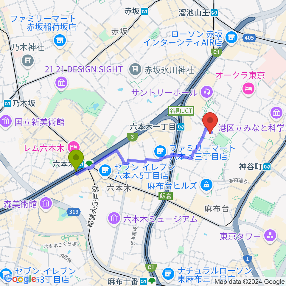 六本木駅から泉屋博古館東京へのルートマップ地図