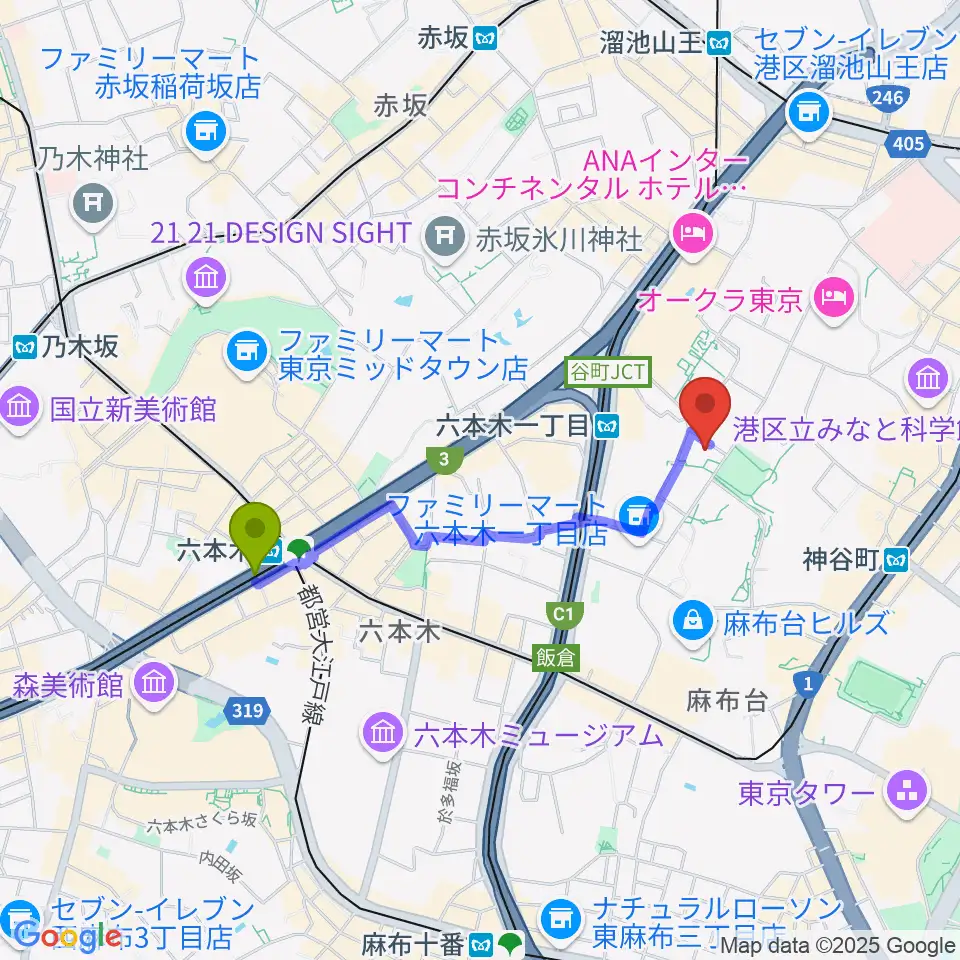 六本木駅から泉屋博古館東京へのルートマップ地図