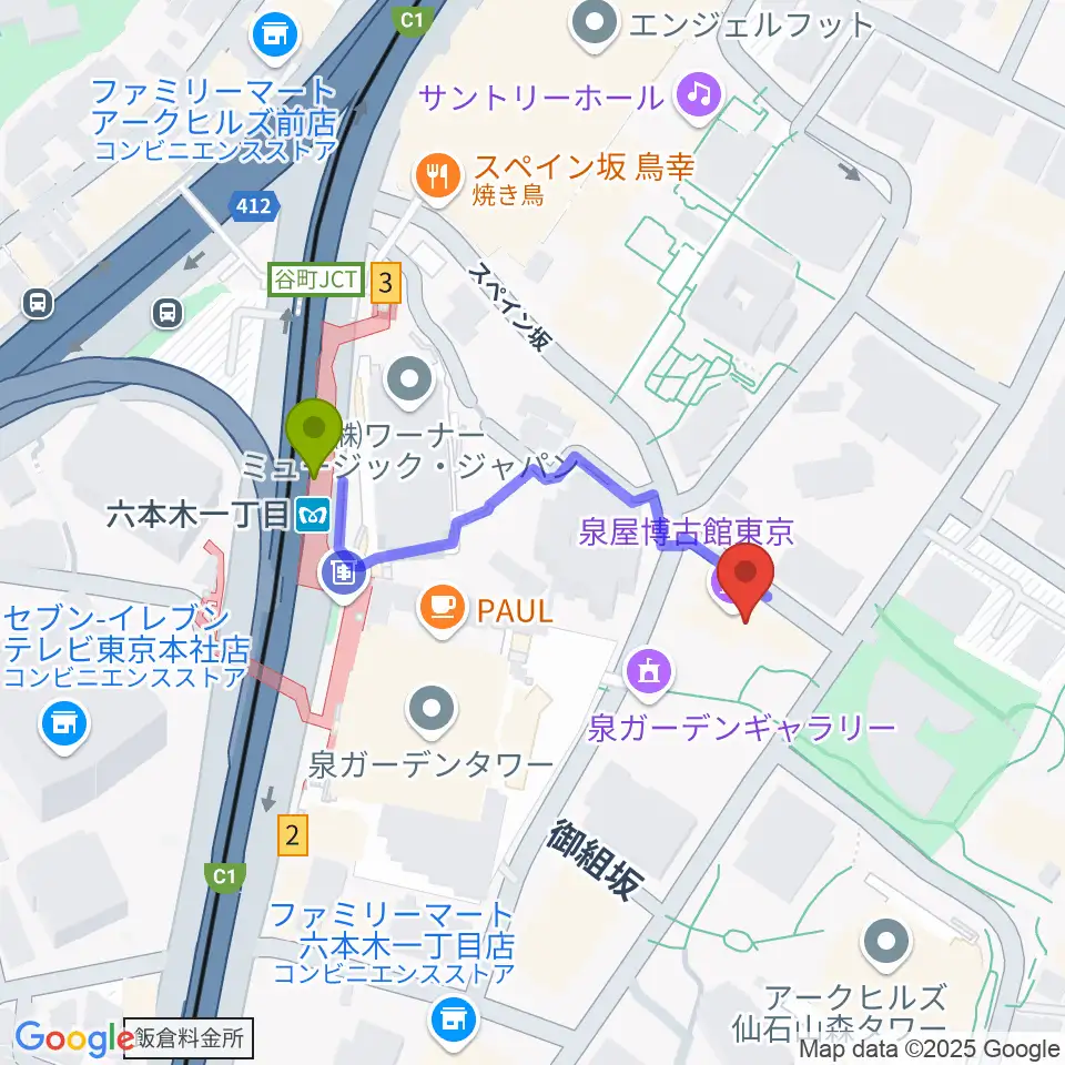 泉屋博古館東京の最寄駅六本木一丁目駅からの徒歩ルート（約3分）地図