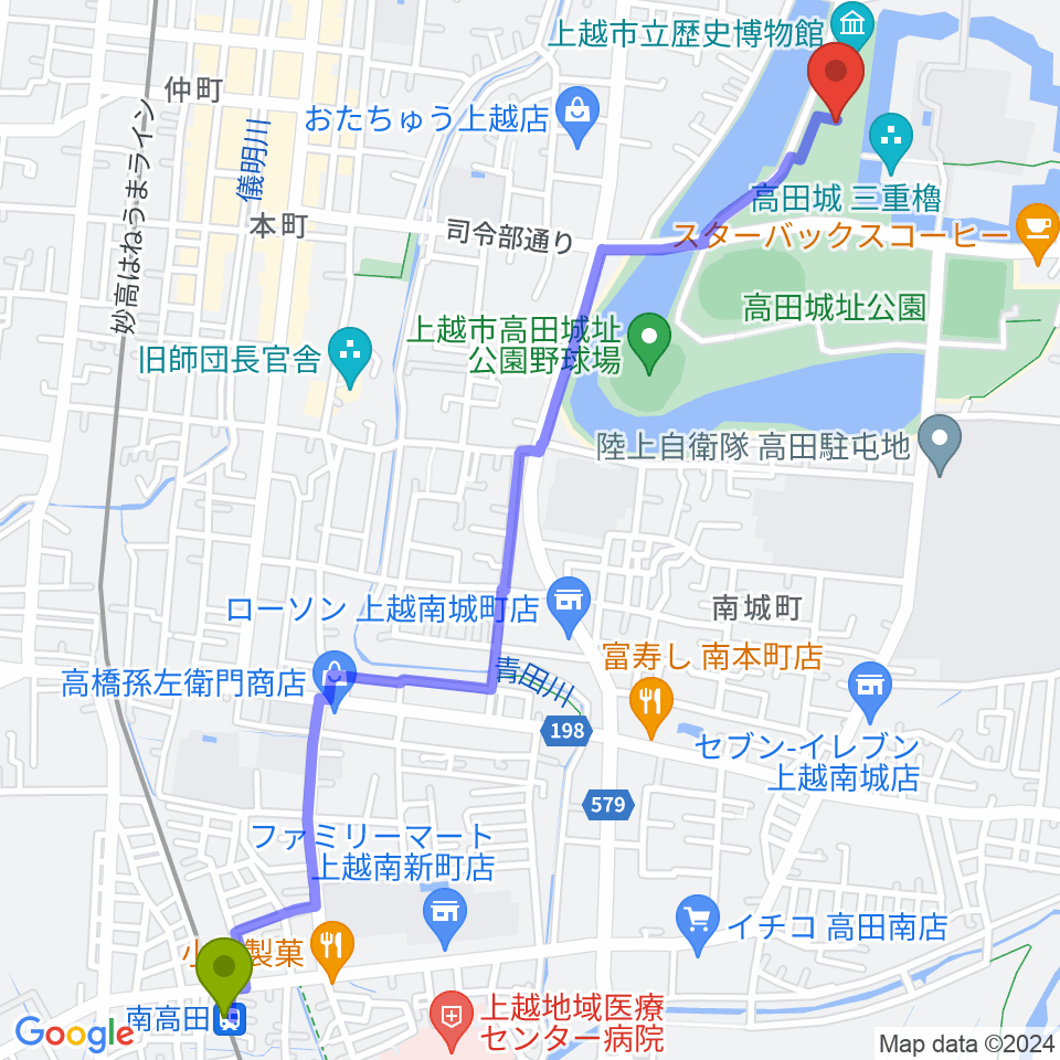 南高田駅から小林古径記念美術館へのルートマップ地図