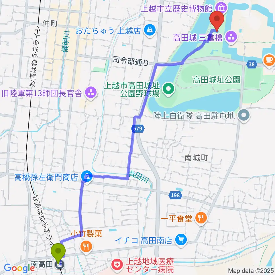 南高田駅から小林古径記念美術館へのルートマップ地図