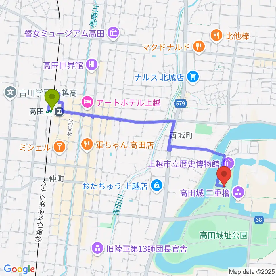 小林古径記念美術館の最寄駅高田駅からの徒歩ルート（約21分）地図
