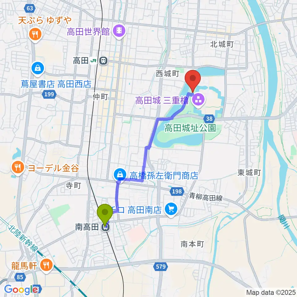 南高田駅から上越市立歴史博物館へのルートマップ地図