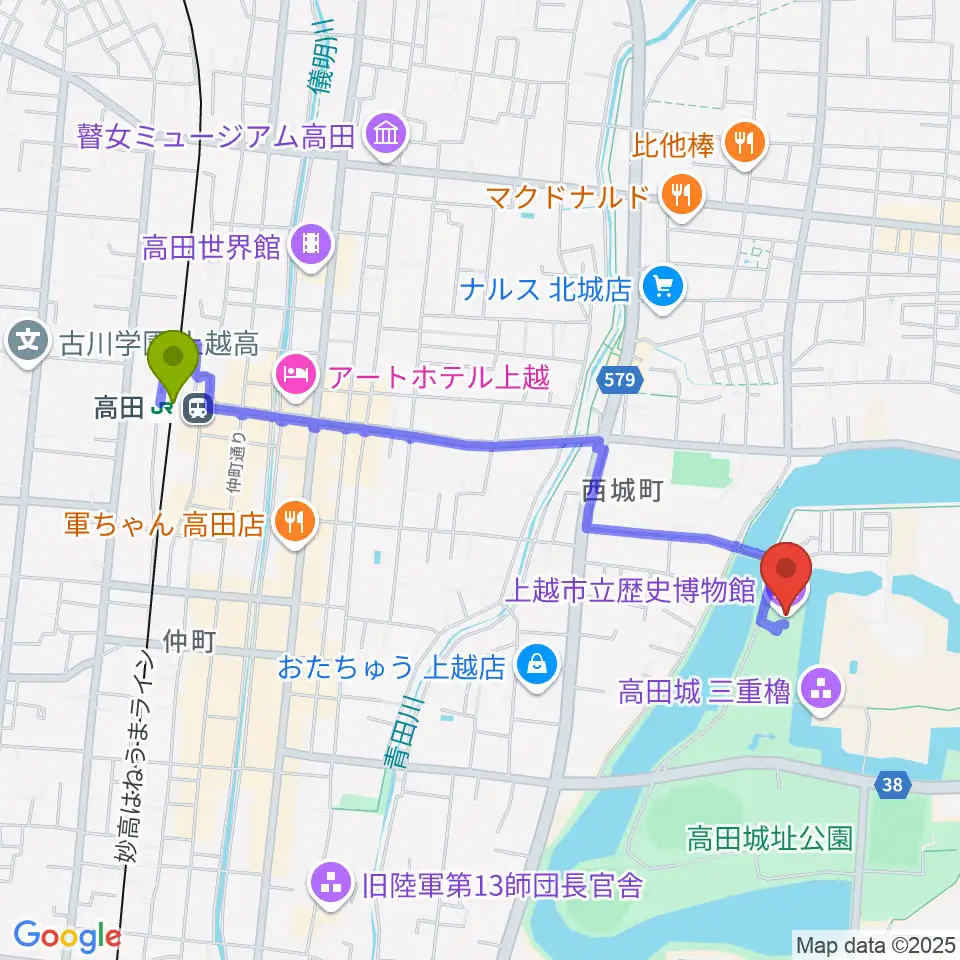 上越市立歴史博物館の最寄駅高田駅からの徒歩ルート（約21分）地図