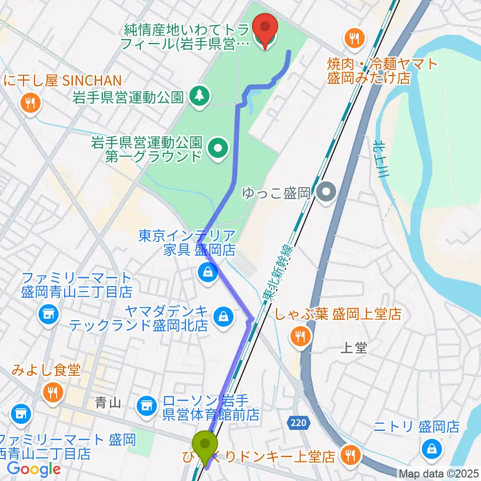 青山駅から純情産地いわてトラフィールへのルートマップ地図