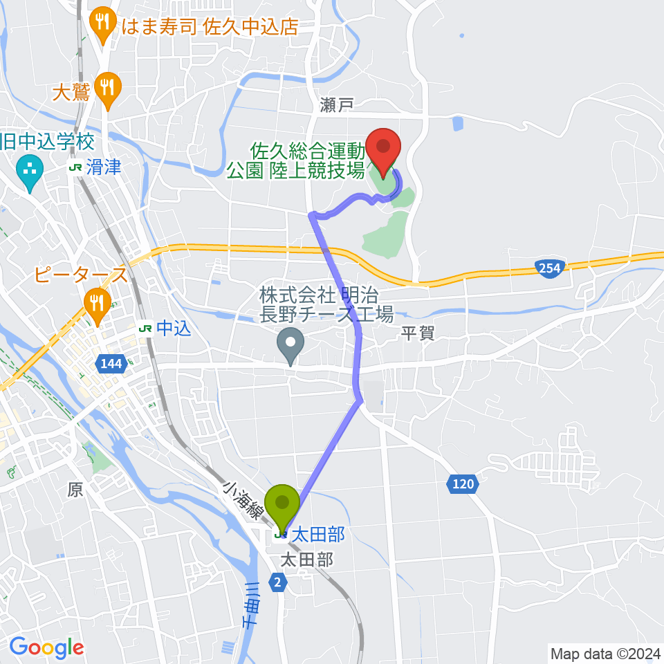 太田部駅から佐久総合運動公園陸上競技場へのルートマップ地図