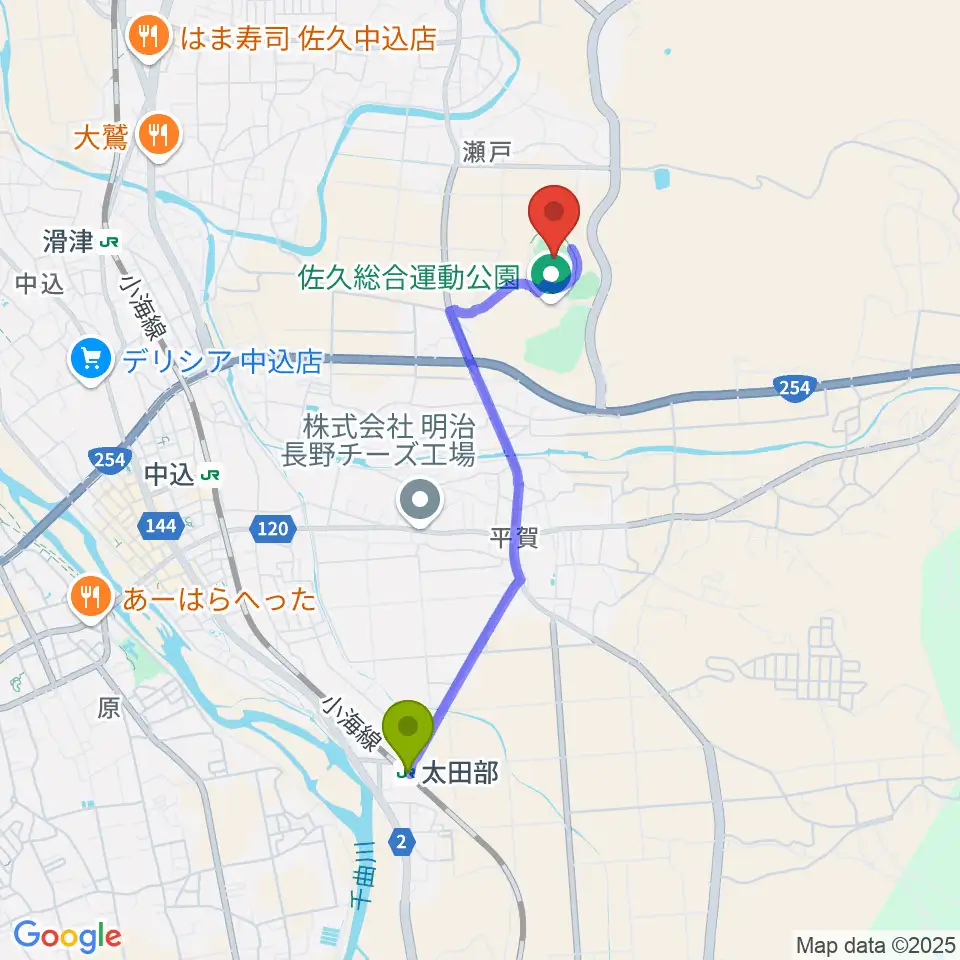 太田部駅から佐久総合運動公園陸上競技場へのルートマップ地図