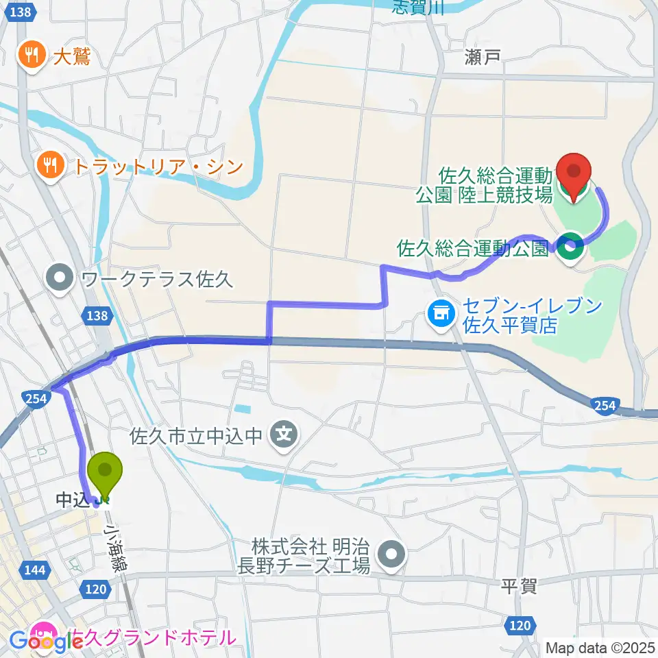 佐久総合運動公園陸上競技場の最寄駅中込駅からの徒歩ルート（約26分）地図