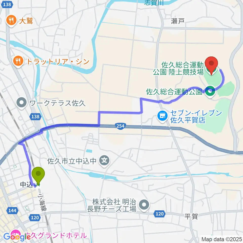 佐久総合運動公園陸上競技場の最寄駅中込駅からの徒歩ルート（約26分）地図