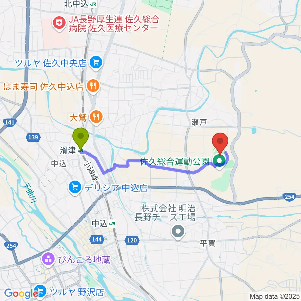 滑津駅から佐久総合運動公園陸上競技場へのルートマップ地図