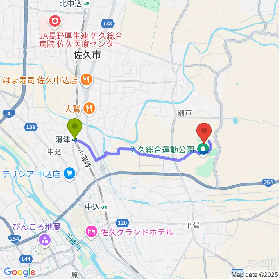 滑津駅から佐久総合運動公園陸上競技場へのルートマップ地図