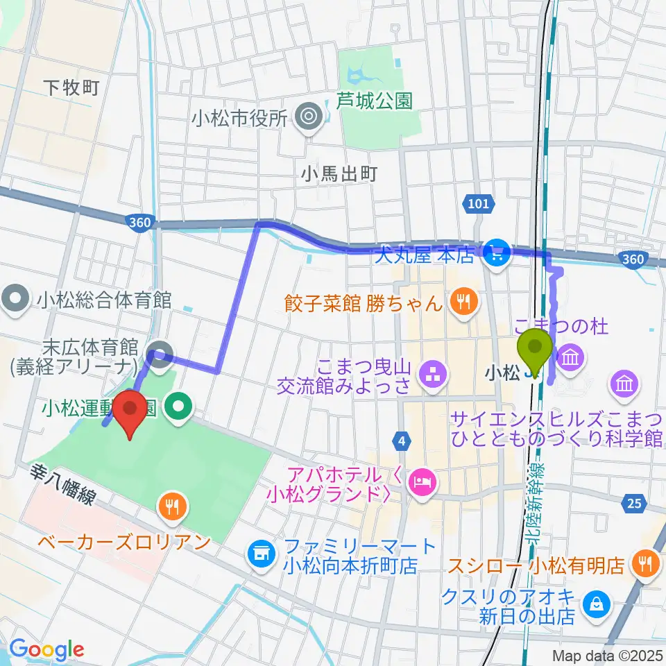 勧進帳スタジアムの最寄駅小松駅からの徒歩ルート（約19分）地図