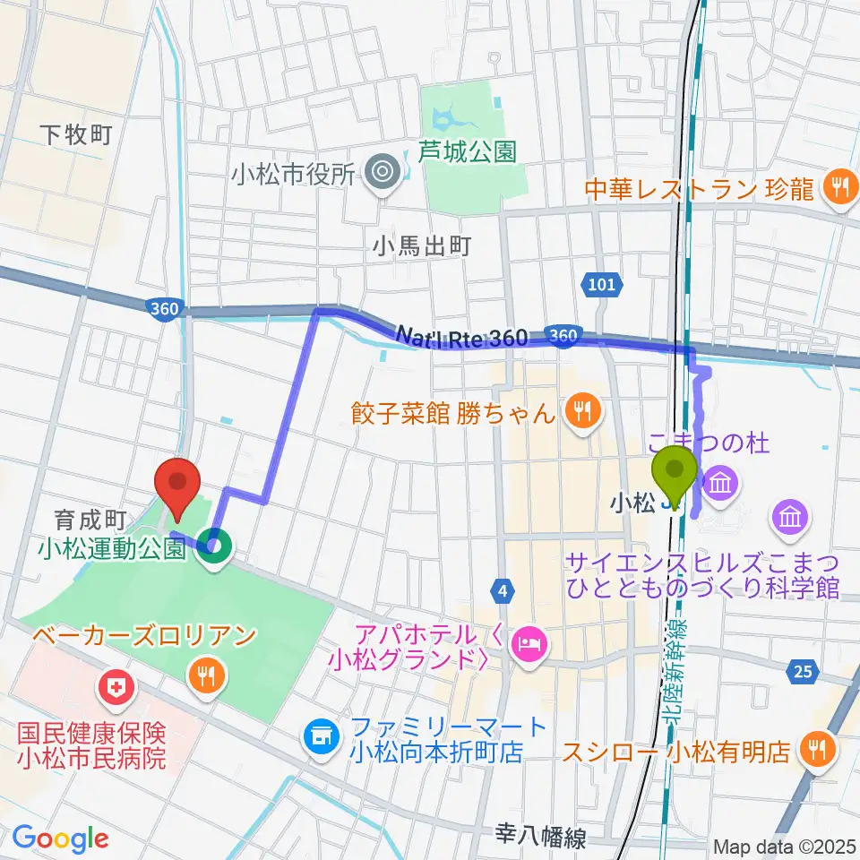 義経アリーナの最寄駅小松駅からの徒歩ルート（約18分）地図