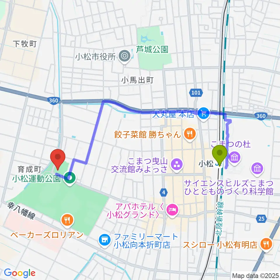 義経アリーナの最寄駅小松駅からの徒歩ルート（約18分）地図